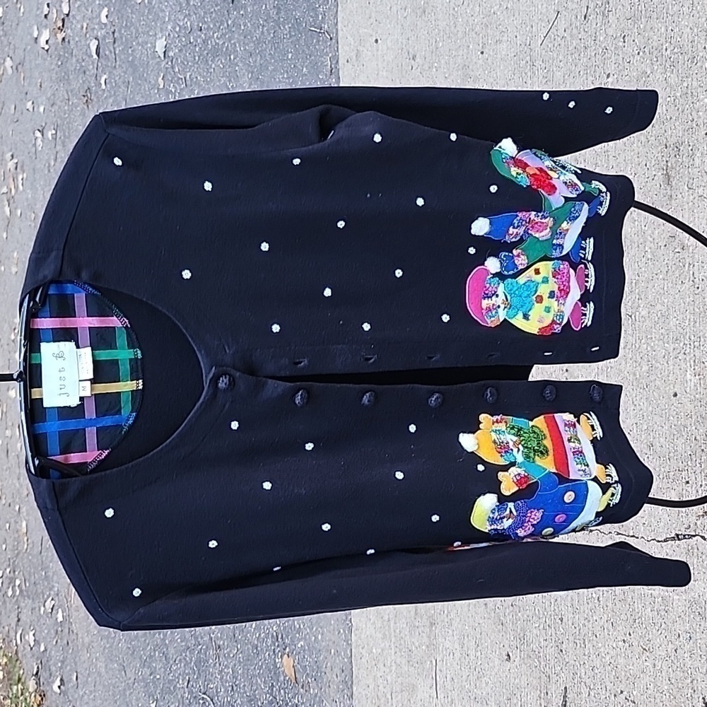 Just B Beaded Crew Neck Button up Embellished‎ Snowman Sz. M Sweater Cardigan